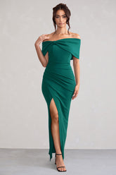 Green Bardot Bow Detail Maxi Dress With Thigh Split